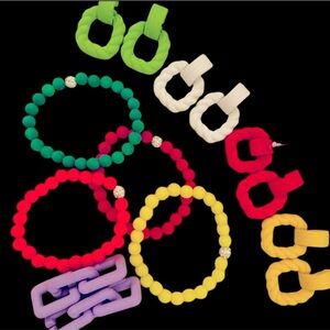 Colorful Neon colored Beaded bracelets and Braided Earrings . Pre-owned EUC